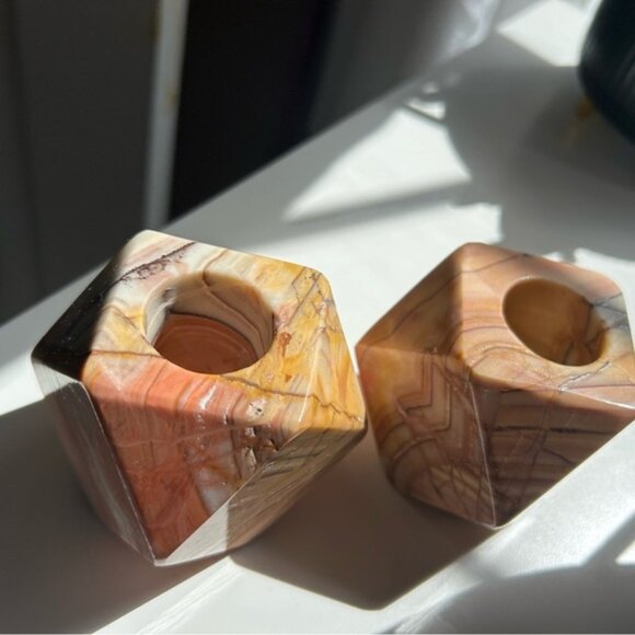 Geometric Marble Candle Holders - Tan and Brown x2 circa 1970 😃 - Picture 9 of 10